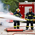 **Fire Safety Training:** A group of firefighters practicing extinguishing a Class A fire (wood/paper) with water. Focus on proper technique and safety gear. Include a variety of fire extinguishers and firefighting equipment in the background.