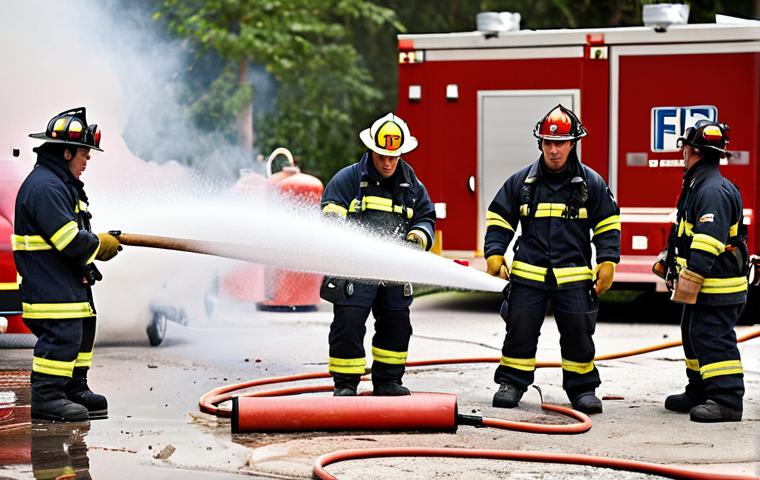 **Fire Safety Training:** A group of firefighters practicing extinguishing a Class A fire (wood/paper) with water. Focus on proper technique and safety gear. Include a variety of fire extinguishers and firefighting equipment in the background.