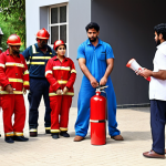 **Fire Safety Training Scene:**  Urdu-speaking people participating in a fire safety training session.  Focus on demonstrating practical skills like using a fire extinguisher or practicing evacuation procedures in a realistic setting (e.g., office, school). Show diverse participants.