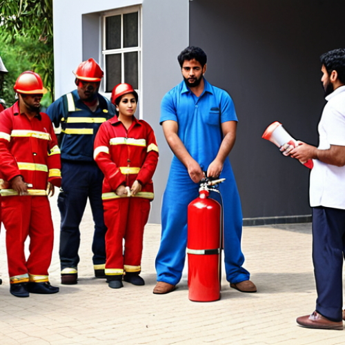**Fire Safety Training Scene:**  Urdu-speaking people participating in a fire safety training session.  Focus on demonstrating practical skills like using a fire extinguisher or practicing evacuation procedures in a realistic setting (e.g., office, school). Show diverse participants.