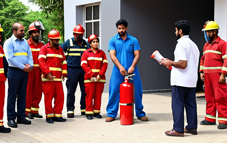 **Fire Safety Training Scene:**  Urdu-speaking people participating in a fire safety training session.  Focus on demonstrating practical skills like using a fire extinguisher or practicing evacuation procedures in a realistic setting (e.g., office, school). Show diverse participants.